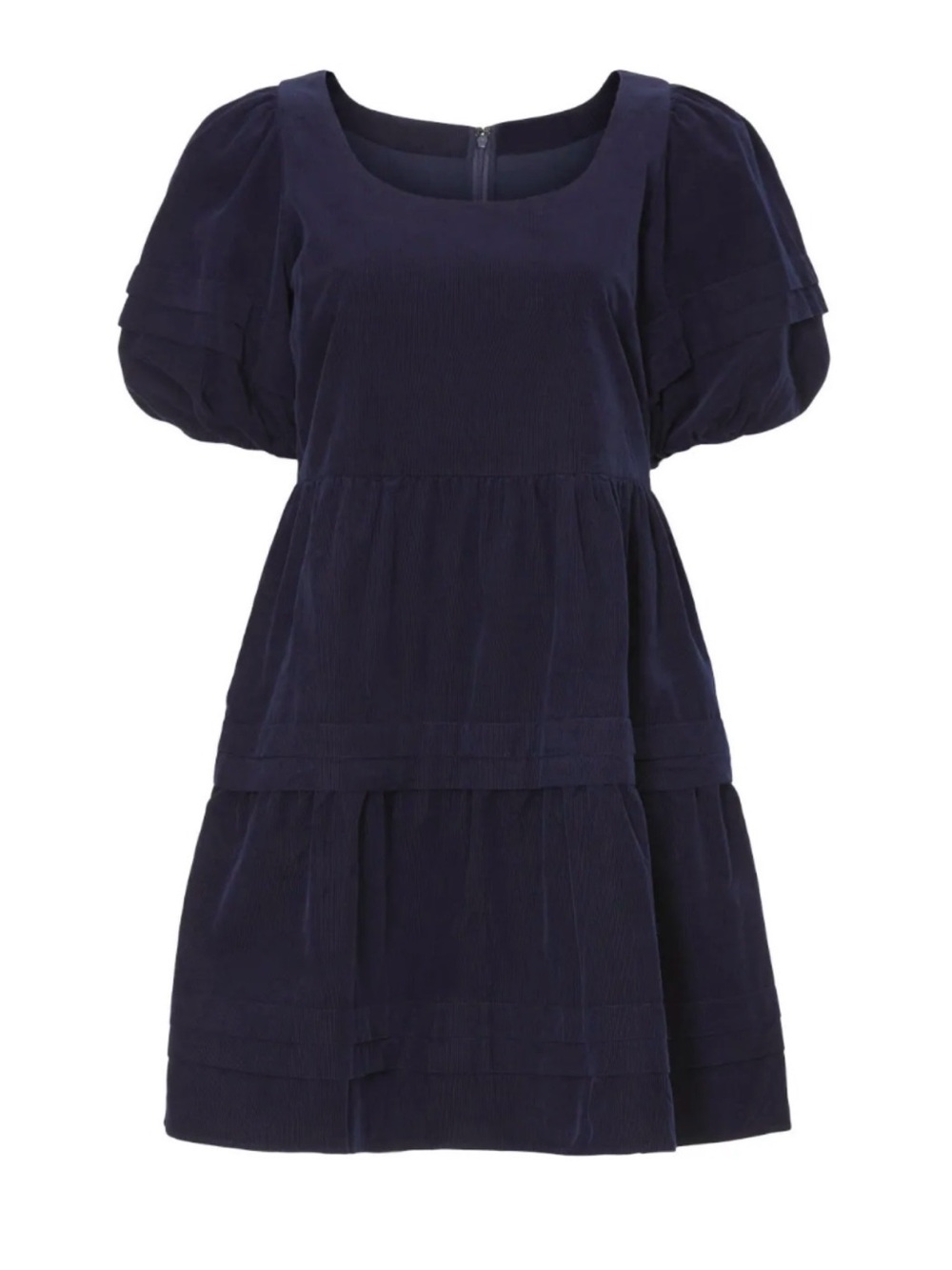 MADEWELL Navy Corduroy Puff-Sleeve Tiered Dress